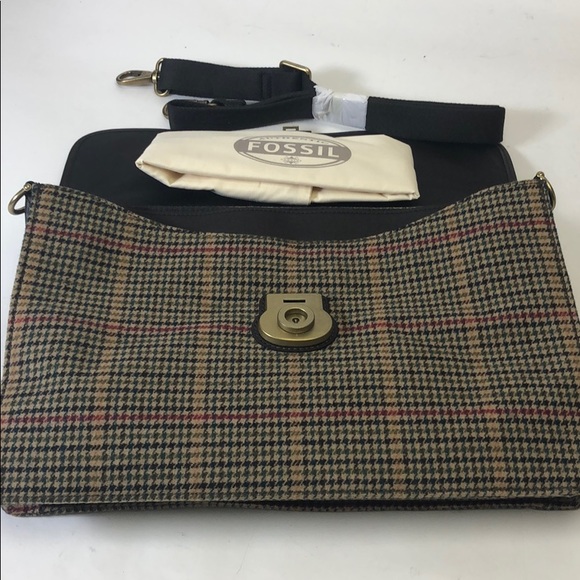 Fossil Plaid Brifcase Khaki Loptop Case New - Picture 6 of 8